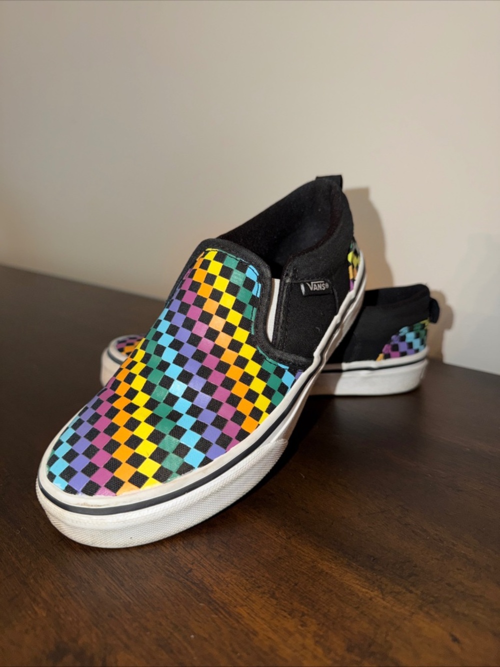 Vans Rainbow Check Black Slip On Sneakers Skater Size 2 Unisex Kids